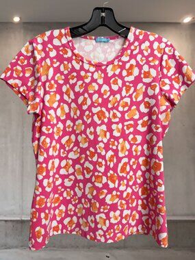 J.McLaughlin Pink Orange Abstract Floral Stretch Top Medium Short Sleeve